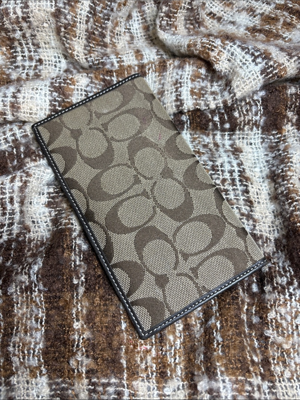 Coach Brown and Khaki Signature C Canvas Checkbook Wallet 6.75x3.75in - Picture 2 of 12